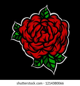 Flower rose, red buds and green leaves. Roses sticker. Isolated on black background. Vector illustration.