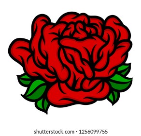 Flower rose, red buds and green leaves. Isolated on white background. Vector illustration