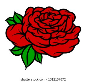 Flower rose, red buds and green leaves. Isolated on white background. Vector illustration