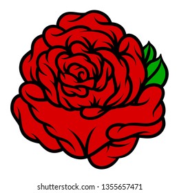 Flower rose, red buds and green leaves. Isolated on white background. Vector illustration