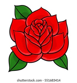 Flower rose, red buds and green leaves. Isolated on white background. Vector illustration.