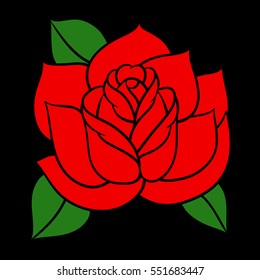 Flower rose, red buds and green leaves. Isolated on black background. Vector illustration.