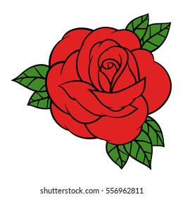 Flower rose, red buds and green leaves. Isolated on white background. Vector illustration.