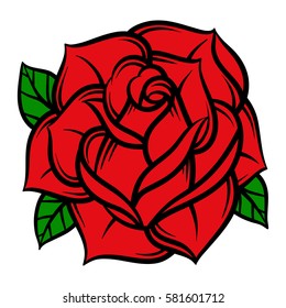 Flower rose, red buds and green leaves. Isolated on white background. Vector illustration.
