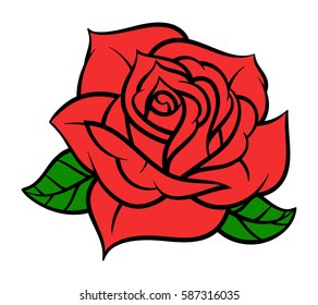 Flower rose, red buds and green leaves. Isolated on white background. Vector illustration.