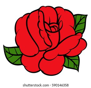 Flower rose, red buds and green leaves. Isolated on white background. Vector illustration.