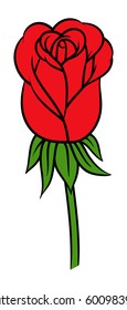 Flower rose, red buds and green leaves. Isolated on white background. Vector illustration.