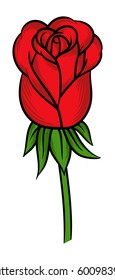 Rosa de flores, capullos rojos y hojas verdes. Aislado sobre fondo blanco. Ilustración vectorial.