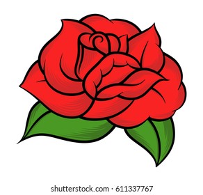 Flower rose, red buds and green leaves. Isolated on white background. Vector illustration.