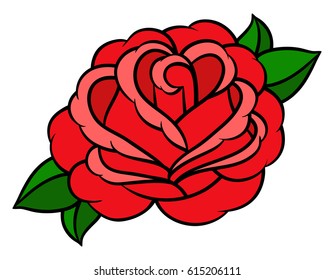 Flower rose, red buds and green leaves. Isolated on white background. Vector illustration.