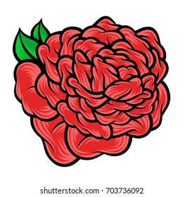 Flower rose, red buds and green leaves. Isolated on white background. Vector illustration.