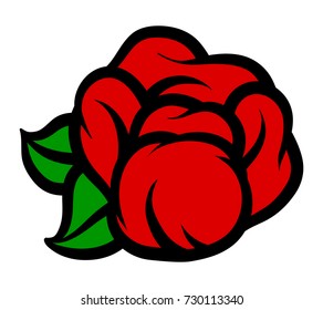 Flower rose, red buds and green leaves. Isolated on white background. Vector illustration.