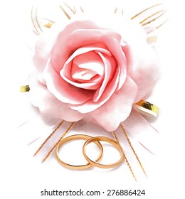 Flower rose and wedding rings. Watercolor imitation. Vector illustration.