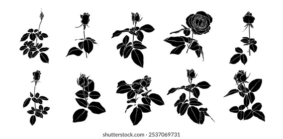 Flower and rosebud silhouette, stamp collection. Simple botanical elements. Vector graphics.