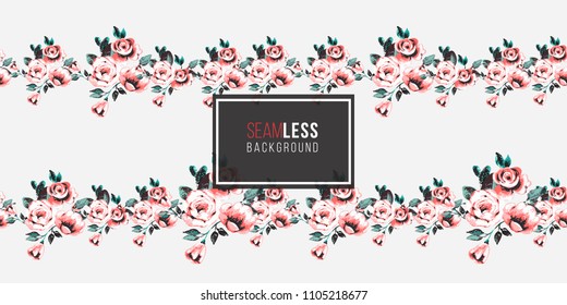 Flower roses border. Watercolor flower border or banner on white background. Seamless pattern vector