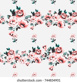 Flower roses border. Watercolor flower border or banner on white background. Seamless pattern vector