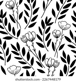 Flower roses pattern  in abstract style. Vector ornament seamless pattern. Spring botanical print. Graphic hand drawn brush stroke botanical pattern. 