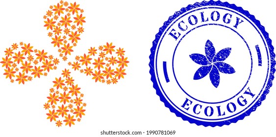 Flower rotation flower cluster, and blue round ECOLOGY dirty rubber print with icon inside. Object flower done from oriented flower symbols. Vector collage in flat style.