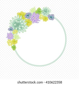 Flower round circle card template vector. Mums, roses and succulents wedding invitation or greeting card design. Green and purple violet flower decor.