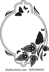  Flower round frame with butterflies silhouettes. Copy space. Vector clip art.