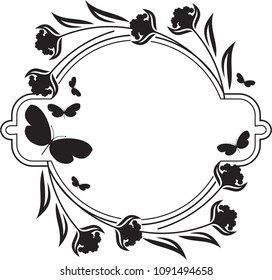  Flower round frame with butterflies silhouettes. Copy space. Vector clip art.