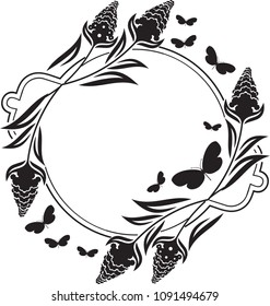  Flower round frame with butterflies silhouettes. Copy space. Vector clip art.