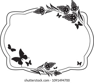  Flower round frame with butterflies silhouettes. Copy space. Vector clip art.