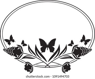  Flower round frame with butterflies silhouettes. Copy space. Vector clip art.