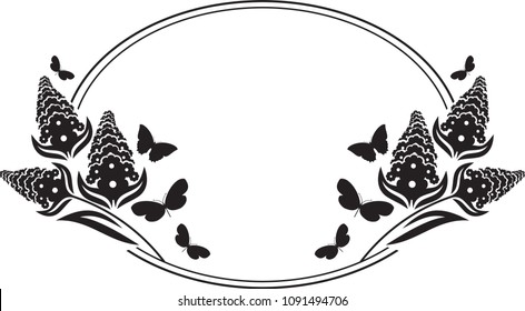  Flower round frame with butterflies silhouettes. Copy space. Vector clip art.