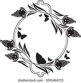  Flower round frame with butterflies silhouettes. Copy space. Vector clip art.