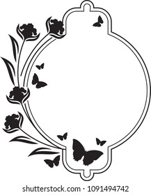 Flower round frame with butterflies silhouettes. Copy space. Vector clip art.