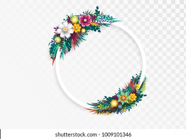 Flower round frame, isolated on transparent background. Floral colorful branches with buds. Template blooming flowers for wedding invitations and greeting card design.