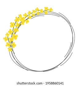 Flower round frame made of rapeseed. Hand-drawn floral circle with copyspace. Yellow cartoon canola buds, greeting card template, invitations, design element. All objects are isolated.