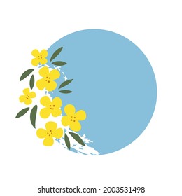 Flower round frame made of rapeseed. Hand-drawn floral circle with copyspace. Yellow cartoon canola buds, greeting card template, invitations, design element. All objects are isolated.