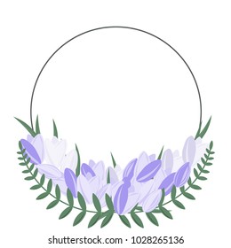 Flower round frame with purple flowers and green leaves. Elegant decorative frame for your text or design from tulips.