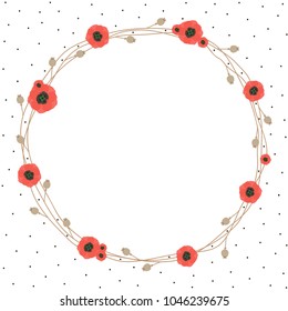 Flower round frame with red poppies and seeds. Vector.