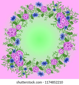 Flower round frame. Summer flower wreath. Greeting card template