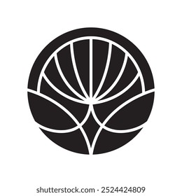 Flor redonda logotipo estética linhas brancas no fundo preto. Inserir planta no estilo linear circular. Distintivo abstrato vetorial para design de produtos naturais, floricultura, cosméticos, conceitos de ecologia