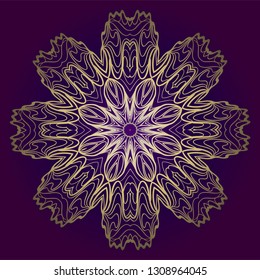 Flower Round Pattern. Vector Illustration. For Design, Invitation Wedding, Valentine's, Background, Wallpaper, Interior. Purple gold color.