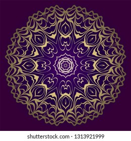 Flower Round Pattern. Vector Illustration. For Design, Invitation Wedding, Valentine's, Background, Wallpaper, Interior. Purple gold color.