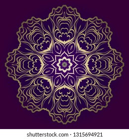 Flower Round Pattern. Vector Illustration. For Design, Invitation Wedding, Valentine's, Background, Wallpaper, Interior. Purple gold color.
