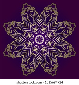 Flower Round Pattern. Vector Illustration. For Design, Invitation Wedding, Valentine's, Background, Wallpaper, Interior. Purple gold color.
