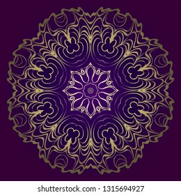Flower Round Pattern. Vector Illustration. For Design, Invitation Wedding, Valentine's, Background, Wallpaper, Interior. Purple gold color.