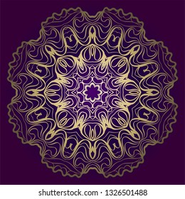Flower Round Pattern. Vector Illustration. For Design, Invitation Wedding, Valentine's, Background, Wallpaper, Interior. Purple gold color.