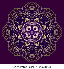 Flower Round Pattern. Vector Illustration. For Design, Invitation Wedding, Valentine's, Background, Wallpaper, Interior. Purple gold color.