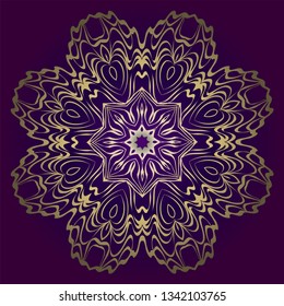 Flower Round Pattern. Vector Illustration. For Design, Invitation Wedding, Valentine's, Background, Wallpaper, Interior. Purple gold color.