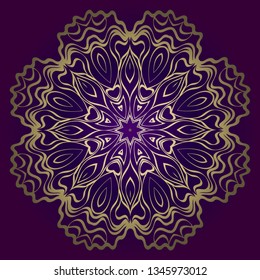 Flower Round Pattern. Vector Illustration. For Design, Invitation Wedding, Valentine's, Background, Wallpaper, Interior. Purple gold color.