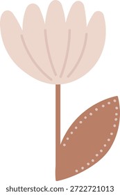 Flor com flor de pétala arredondada, caule único e folha pontilhada em forma de desenho animado limpo. Símbolo de crescimento, natureza e decoração botânica calma. Ilustração de vetor de desenhos animados.