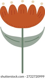 Blume mit abgerundetem Blütenblatt, Punktmuster, langem Stiel und gepaartem Blatt in Volksmotiv. Symbol für Wachstum, Natur, Frühling und Harmonie für Gruß und Branding. Cartoon, Vektorgrafik.