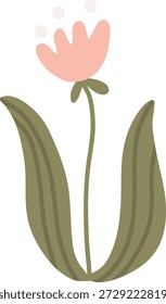 Flower with rounded petal, long stem, and broad leaves in clean shapes. Symbol of growth, spring, and freshness for nature branding and greeting. Cartoon vector illustration.